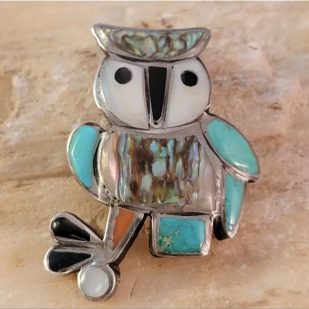 Old Pawn Zuni Sterling Owl Turquoise MOP Abalone Red Coral Brooch Pin